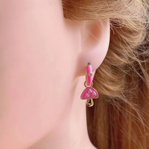 Gold Plated Rainbow Colored Enamel Mushroom Capped Huggie Hoop Festival Earrings - Picture 6 of 13